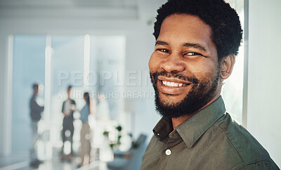 Buy stock photo Face portrait, business smile and black man in office with mission and success mindset. Ceo, boss and happy, confident and proud male entrepreneur from Nigeria in professional company or workplace