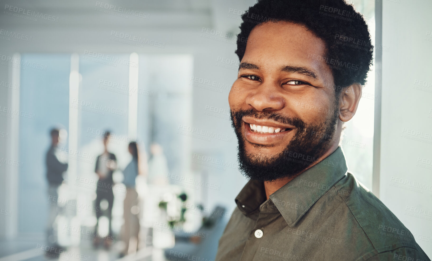 Buy stock photo Face portrait, business smile and black man in office with mission and success mindset. Ceo, boss and happy, confident and proud male entrepreneur from Nigeria in professional company or workplace