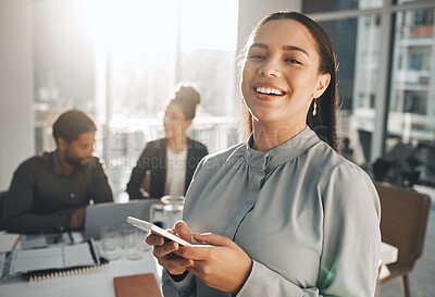 Buy stock photo Portrait, phone and vision with a business black woman in her office, sending a text message for communication. Smile, mobile and contact with a happy female employee networking or texting at work