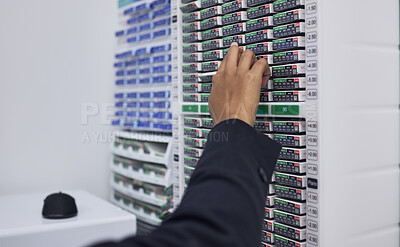 Buy stock photo Optician, hand and vision box storage in retail store, clinic or medical center for prescription lens, contacts or eyewear help. Zoom, woman and eyes optometrist checking stock, shelf or shop order