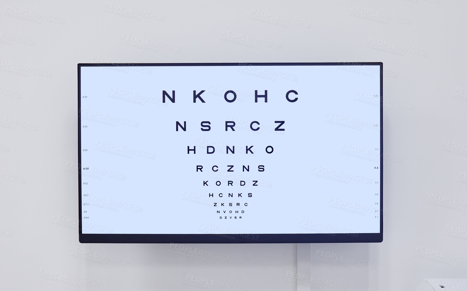 Buy stock photo Eye chart, television and screen in hospital for optometry examination, vision and wellness. Healthcare, eyecare tv and technology with snellen chart for eyesight test, ophthalmology and eyes health