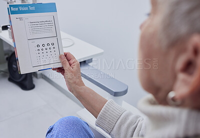 Buy stock photo Senior woman, eye exam and vision for snellen test for nearsighted problem at optometrist consultation room. Elderly patient, healthcare or paper for eyes, reading or eyesight in retirement at clinic