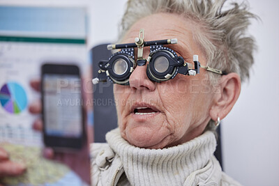 Buy stock photo Eye exam, reading and senior woman with frame in clinic for vision, eyesight and optical assessment. Optometry, healthcare and elderly patient face with optician lens, medical glasses and test eyes