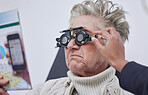 Vision, trial frame and woman for eye exam in optometry clinic for test, eyesight and optical assessment. Ophthalmology, health and elderly patient reading with optician, optometrist and glasses