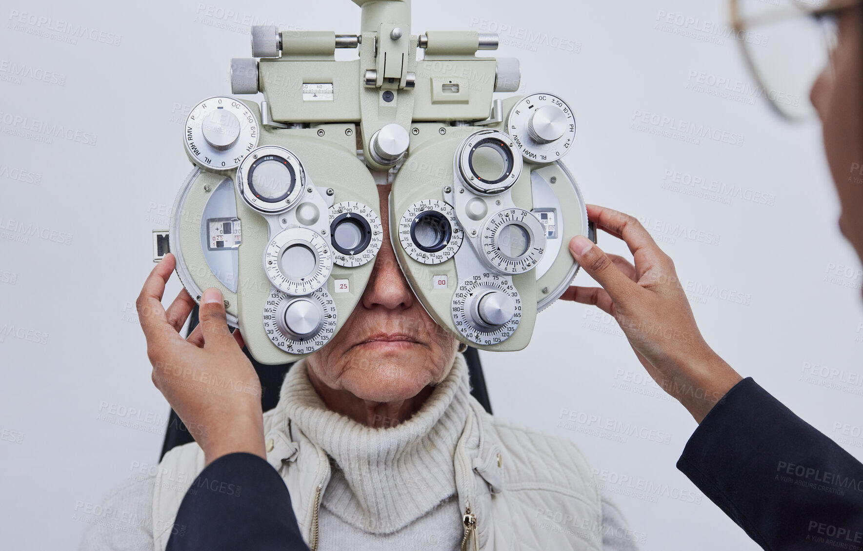 Buy stock photo Eyes, vision exam and senior woman with optometrist in clinic for test, eyesight and optical assessment. Optometry, healthcare and optician with elderly patient, phoropter lens and medical machine