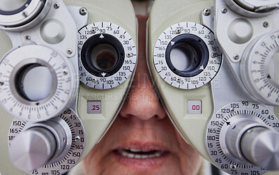 Buy stock photo Eye exam, vision and face of woman with optometrist for test, eyesight and optical assessment. Optometry, clinic and zoom of senior patient with eyes in optician machine, phoropter and medical lens