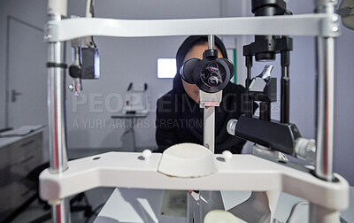 Buy stock photo Optometry, healthcare and optometrist doing eye test in the clinic for eyecare and vision wellness. Medical, ophthalmology and muslim female optician doing optical exam with equipment at optic store.