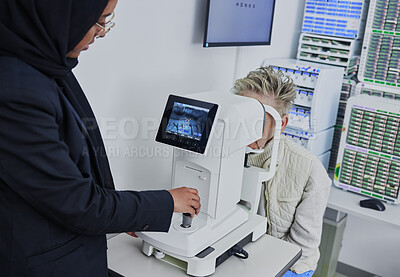 Buy stock photo Optometry, screen for eye exam and optician with patient for vision test, eyesight and optical assessment. Healthcare, ophthalmology and optometrist with medical camera for eyes scan of senior woman