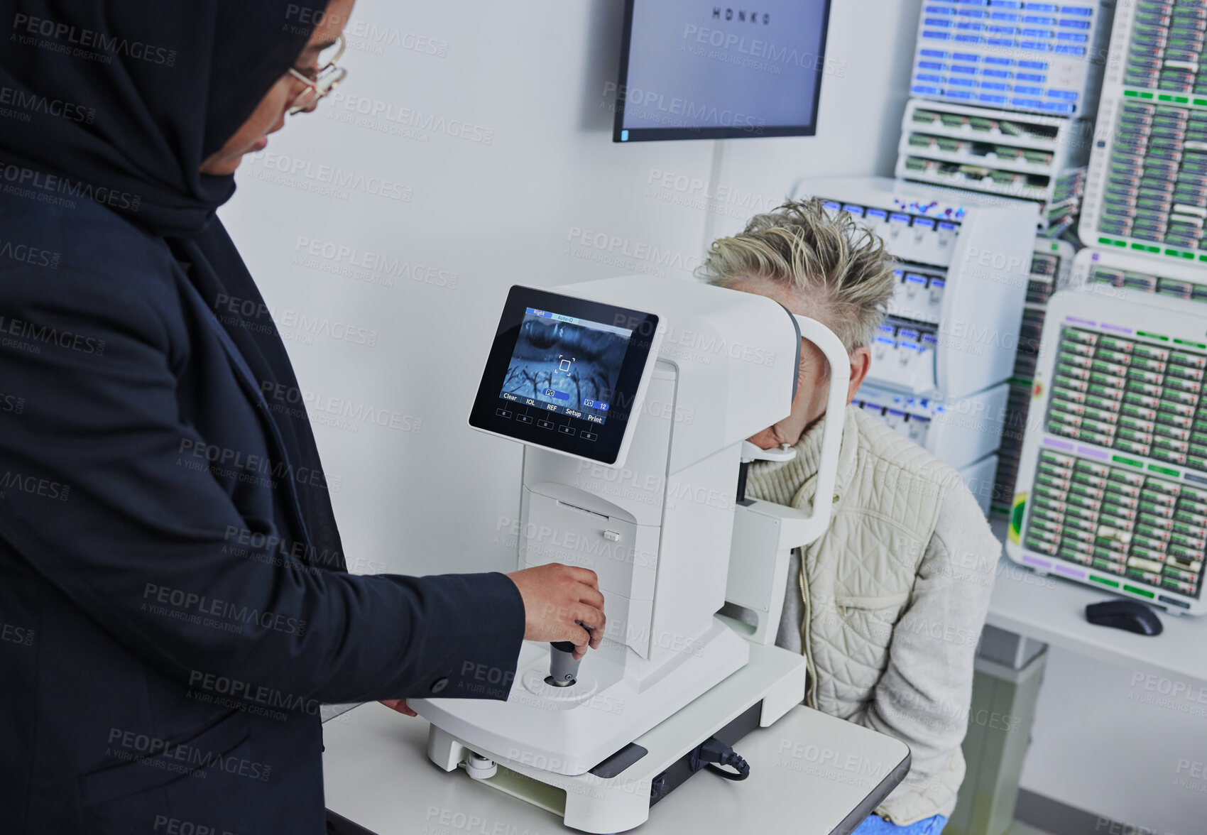 Buy stock photo Optometry, screen for eye exam and optician with patient for vision test, eyesight and optical assessment. Healthcare, ophthalmology and optometrist with medical camera for eyes scan of senior woman