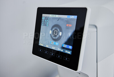 Buy stock photo Optometry, healthcare and digital screen for eye exam, vision test and optical assessment in clinic. Medical care, ophthalmology and optometrist machine for retina, eyesight and eyes scan on monitor