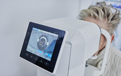 Buy stock photo Optometry, machine and woman with vision test, eye correction and retina consultation. Healthcare, ophthalmology and patient having a scan on eyes with a monitor for optical examination and eyesight