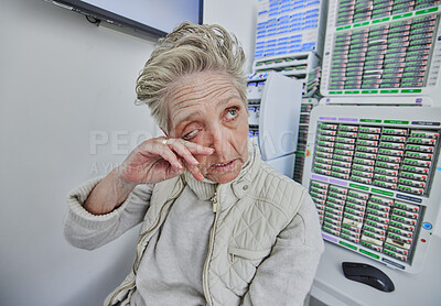 Buy stock photo Elderly woman, ophthalmology and eye pain with hand in clinic consultation for vision, wellness and healthcare. Senior patient, visual problem and assessment for eyes, headache and medical solution