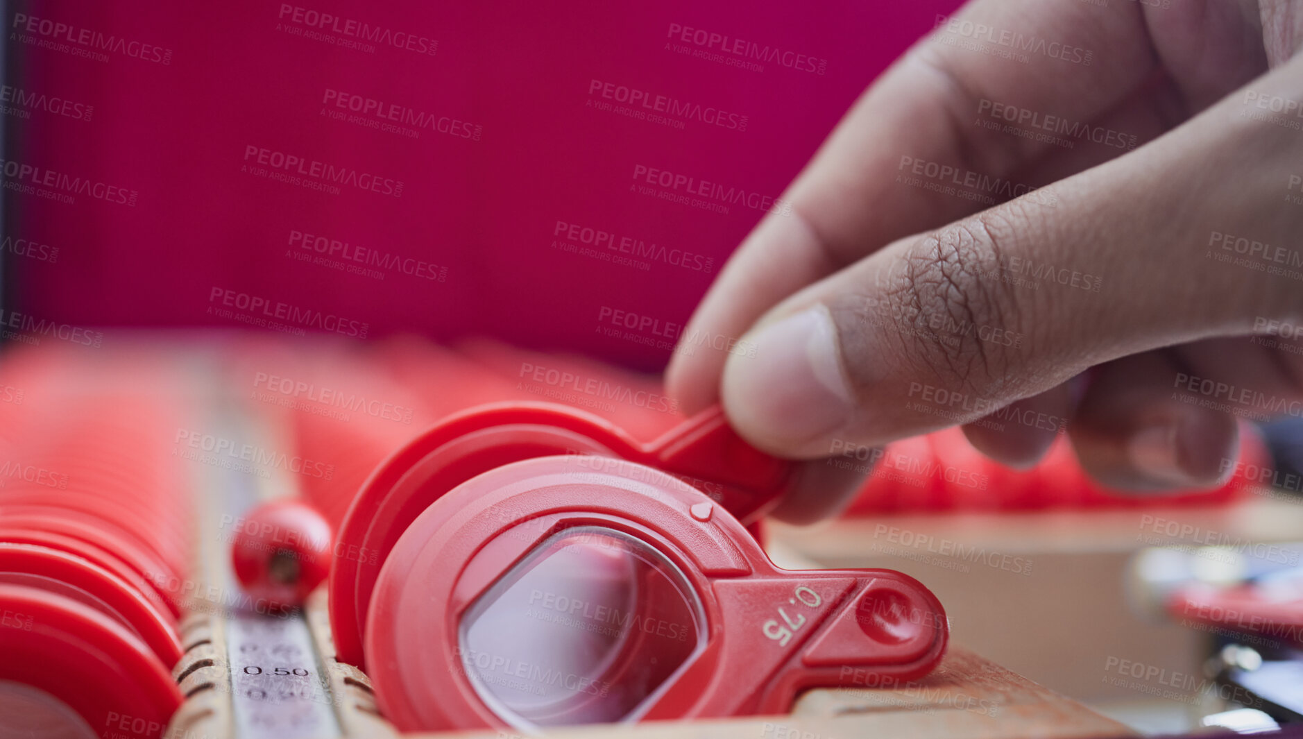 Buy stock photo Optometry, hands and trial lenses for a eye test for vision, eyecare and healthcare in a optic clinic. Eyewear, glasses and optician or ophthalmologist choosing a prescription lens in a optical store