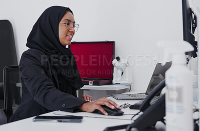 Buy stock photo Optometry, consulting and Muslim woman on a computer for research, healthcare and analytics. Ophthalmology, check and doctor reading information, eye results and analysis of medicare on a pc