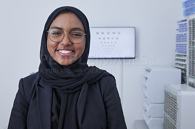 Buy stock photo Hijab, happy muslim woman and optometrist portrait in a doctor office ready for eye test with chart. Healthcare, eyes wellness and proud clinic worker with a smile with company vision and success 