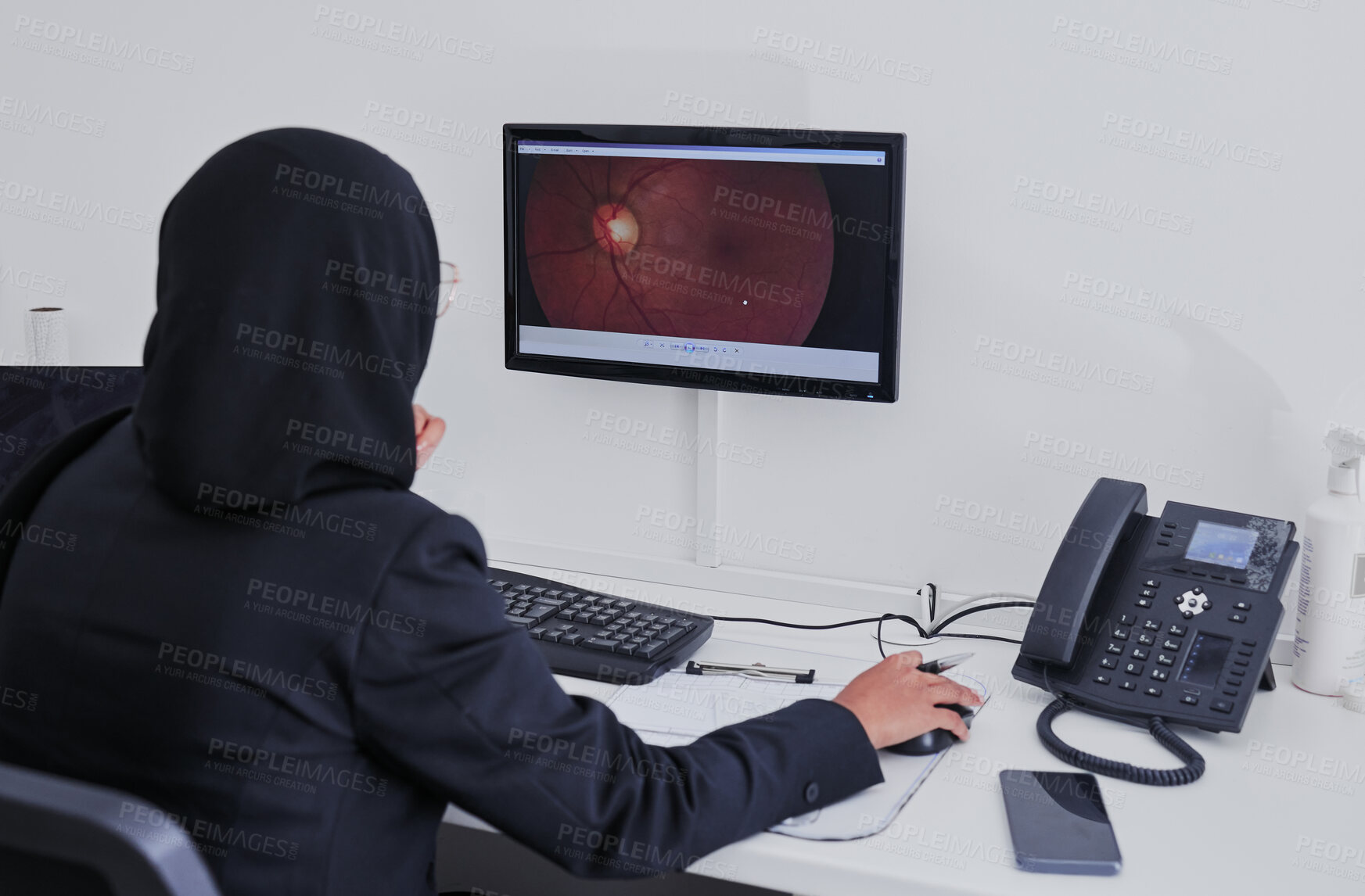 Buy stock photo Woman optometrist, retina and medical computer for eye analysis, research or lens test diagnosis. Optician, technology and muslim doctor monitor screen of cataract, vision analytics or health anatomy