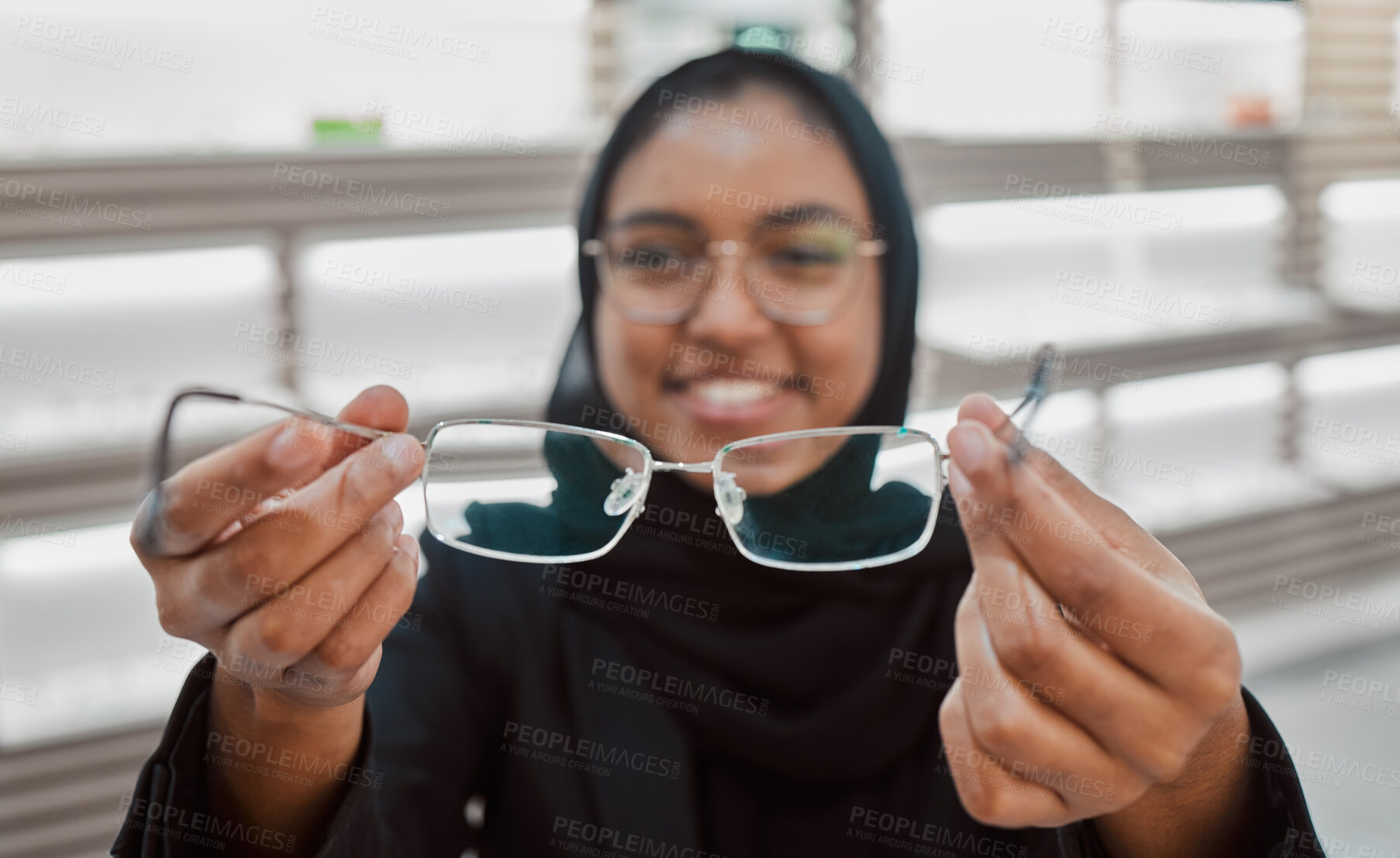 Buy stock photo Decision, portrait and Muslim woman with glasses for vision, help and shopping at a store. Optometry, retail and Islamic optician helping with eyewear fitting, consultation and eye care frame