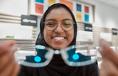 Buy stock photo Optometry, glasses and vision with portrait of Muslim woman for eye healthcare, retail and medical for you. Consulting, frame and smile with optician for prescription, medicine and treatment  