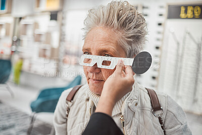 Buy stock photo Optometry, measurement and doctor testing eyes of a woman for glasses, frame fitting and eye distance. Healthcare, medical and mature patient with an optometrist to measure vision, lens and eyesight