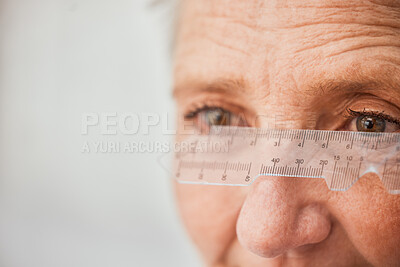 Buy stock photo Ophthalmology, ruler and measuring with eyes of old woman for healthcare, medical and vision. Medicine, optometry and consulting with patient and test for lens, problem and optician in clinic