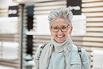 Elderly woman, glasses and eye care portrait of a patient shopping for vision lens or frame. Face of happy customer person with smile for decision on optometry product choice for eyes in optics store