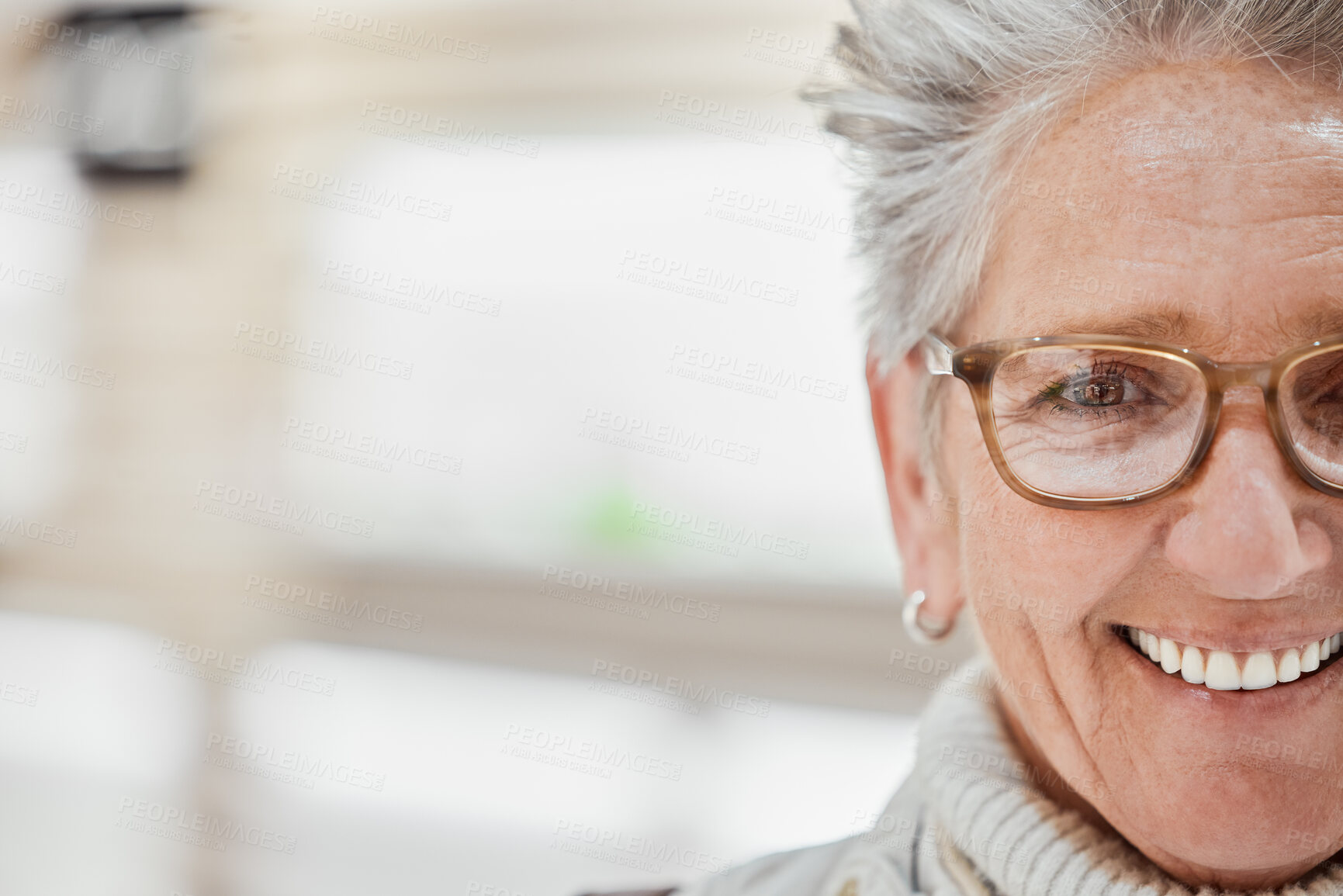 Buy stock photo Senior woman, glasses and portrait with mockup space for eye care with vision lens or frame in optics shop. Happy customer or patient person advertising optometry product choice for eyes and wellness