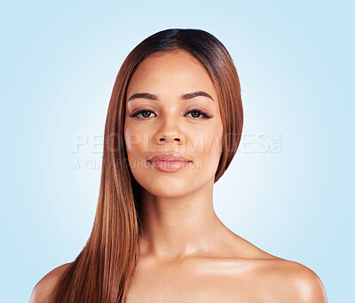 Buy stock photo Beauty, makeup and portrait of black woman in studio for skincare, grooming and glamour on blue background. Face, cosmetics and girl model relax with luxury, wellness and natural, glowing skin
