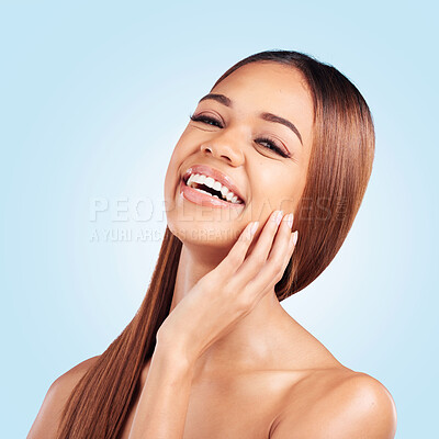 Buy stock photo Portrait, beauty and hair with a black woman in studio on a blue background for natural haircare. Face, skincare and keratin with an attractive young female model feeling proud of her hairstyle