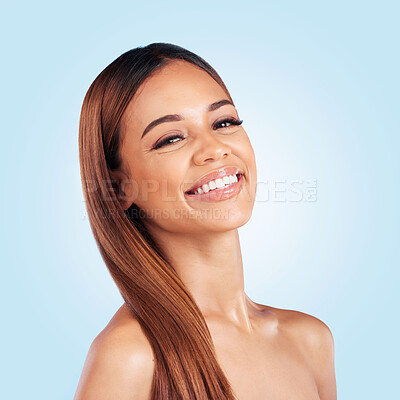 Buy stock photo Portrait, hair and keratin with a model black woman in studio on a blue background for natural haircare. Face, skincare and beauty with an attractive young female feeling proud of her hairstyle