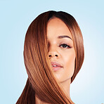 Hair, portrait and black woman in studio for beauty, makeup and wellness against blue background. Face, headshot and haircare by girl model relax in pamper, luxury or keratin, smooth results isolated