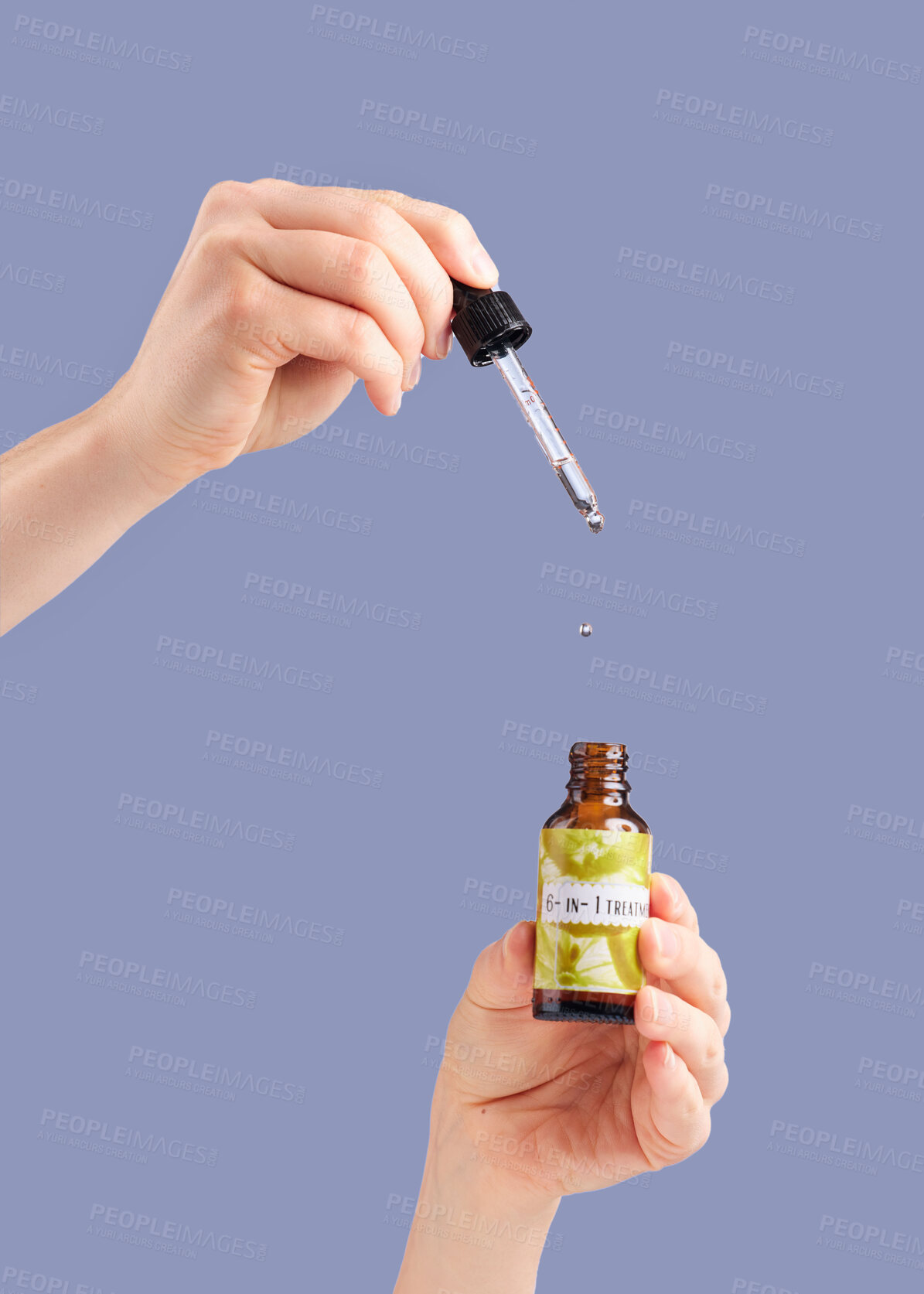 Buy stock photo Skincare serum, model hands and essential oil product bottle for dermatology and cosmetics. Studio beauty, wellness and self care with hyaluronic acid for collagen production with purple background