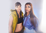 Fashion portrait, makeup and couple of friends isolated on studio background in beauty, art and neon aesthetic. Cyberpunk, edgy cosmetics and dancer team or diversity women in creative studio mockup
