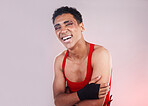 Creative, punk and portrait of man in studio, happy and laughing against a gradient background. Face, smile and gen z humor, fashion and aesthetic by make model with creative, art or retro expression