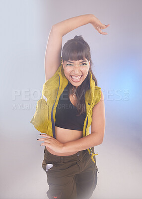 Buy stock photo Dance, comic and portrait of a woman with a move isolated on a bokeh studio background. Smile, carefree and dancer dancing with energy, crazy and comedy with confidence and laughing on a backdrop