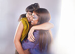 Happy, friends and gen z hug in studio for makeup, fashion and having fun against mockup background. Embrace, smile and women together for bonding, friendship and happiness with beauty and aesthetic 