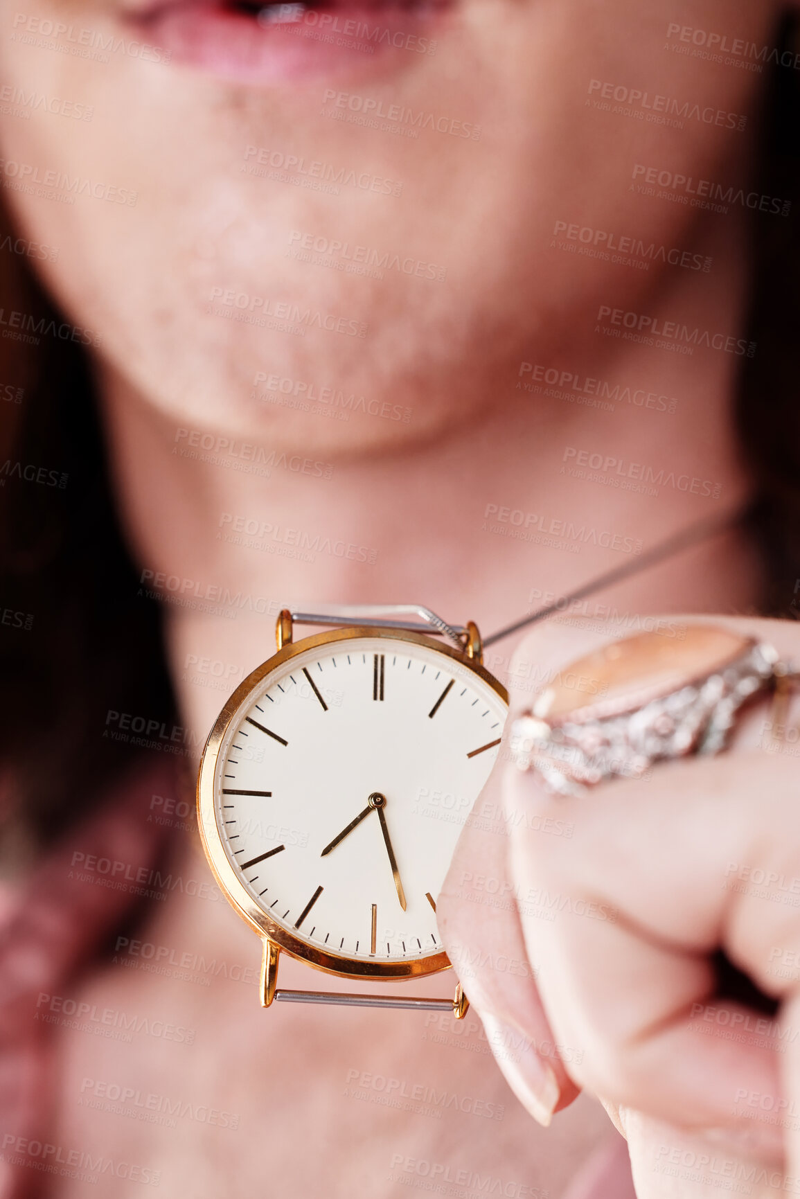 Buy stock photo Hand, necklace and jewelry watch by man closeup fashion for rich person with luxury time accessories. Investment, gold and chain of guy or male with elegant, classy and expensive style zoom