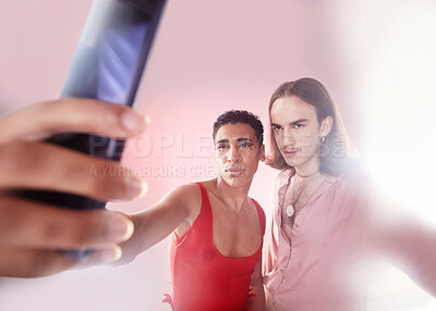 Buy stock photo Gen z, selfie and men with style, fashion and friends with mockup, confident and studio background. Gay, queer people and guys with smartphone, capture moment and picture with edgy and trendy clothes