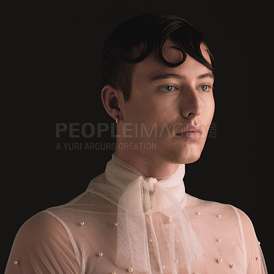 Buy stock photo Gender neutral, fashion face and vintage aesthetic with designer clothing and faux pearls in studio. Isolated, black background and lgbtq or gay gen z with jewelry and creativity and non binary art