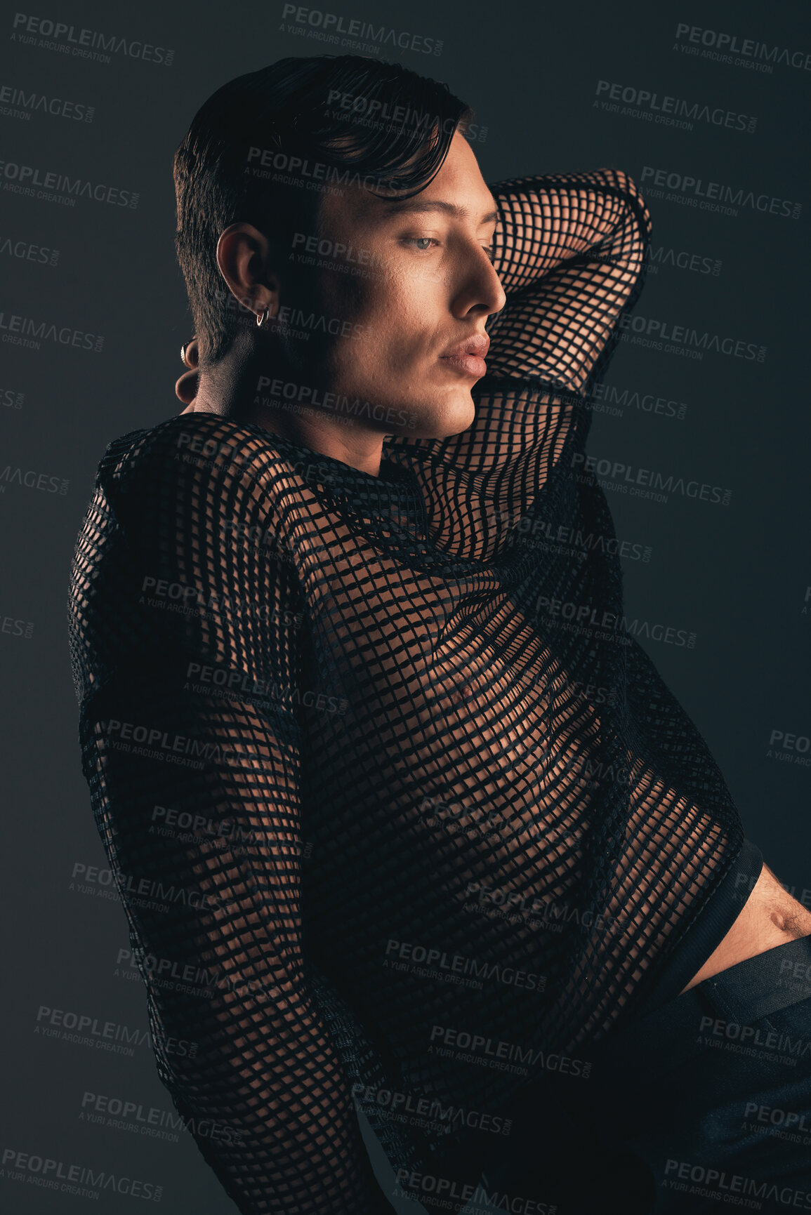 Buy stock photo Gender neutral person, fashion and style on dark background, trendy and edgy art. Creative, gen z and young with beauty, sensual and sexy with cosmetics, serious and non binary with designer clothes