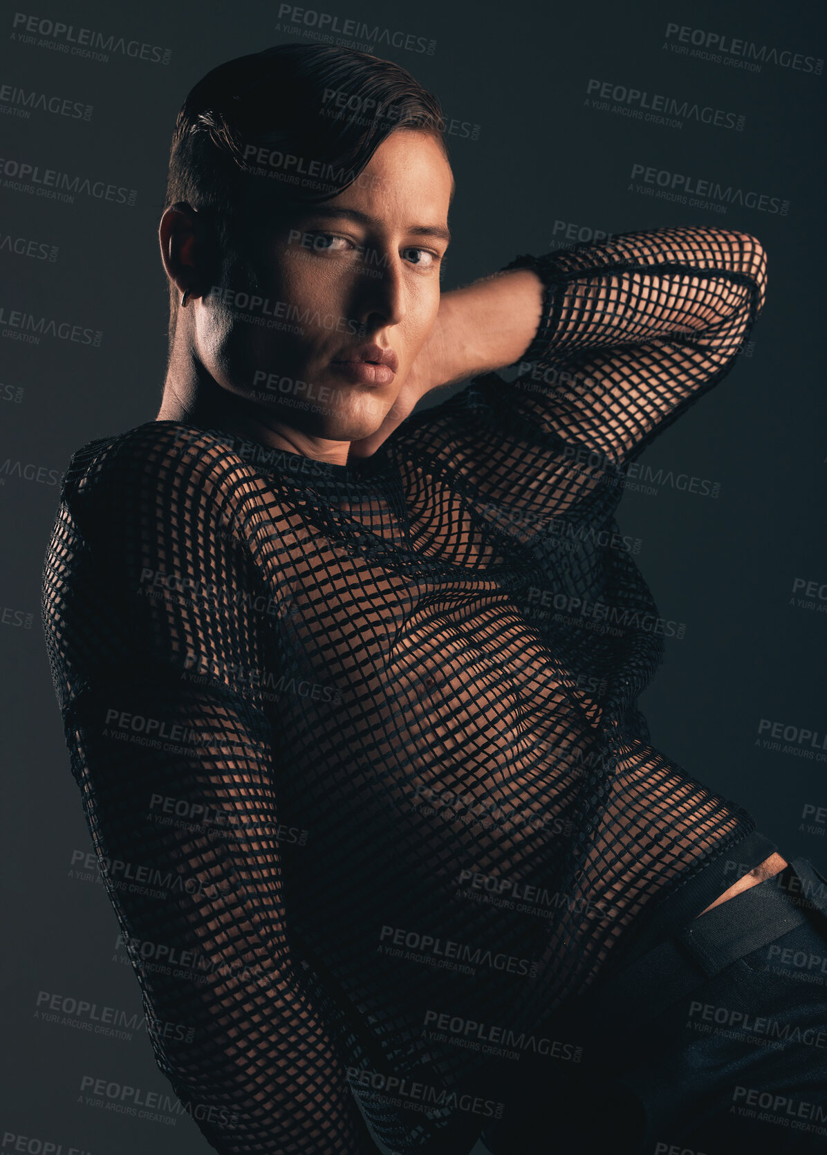 Buy stock photo Gender neutral person, fashion and style in portrait on dark background, trendy and edgy. Creative, gen z and beauty, lgbtq and queer with cosmetics, serious and non binary with designer clothes