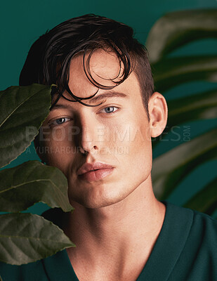 Buy stock photo Skincare, portrait and man with plant in studio with beauty face and spa aesthetic. Isolated, green background and gen z person with wellness plants for organic facial glow and eco friendly style