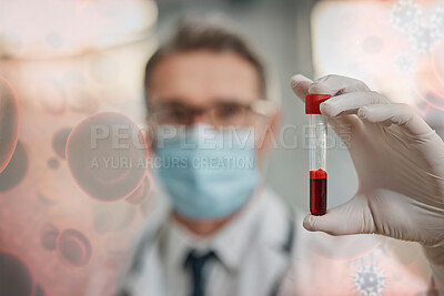 Buy stock photo Covid, doctor and blood test overlay for medicine, healthcare and virus testing in laboratory. Science, analytics and dna for medical research and vaccine manufacturing, innovation in pathology lab.