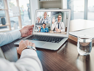 Buy stock photo Online meeting, video call or doctors wave on laptop for webinar, virtual communication in hospital. Support, healthcare or medical worker discussing medicine, treatment or telehealth on computer