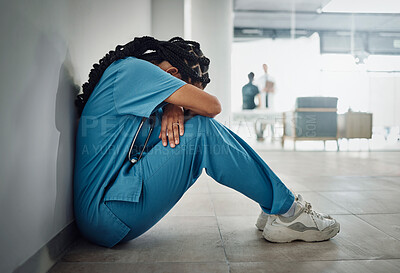 Buy stock photo Doctor, depression and stress with black woman on floor for patient loss, surgery fail or death in hospital. Mental health, sad or anxiety for healthcare worker nurse in medical community clinic