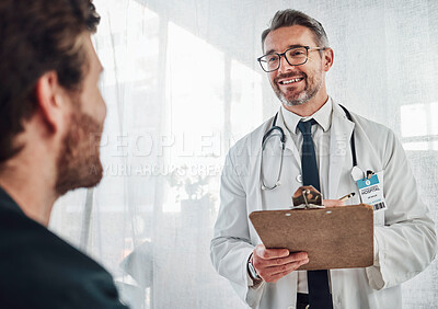 Buy stock photo Senior doctor, patient data and results of a hospital worker in a cardiology consultation. Happiness, working and checklist clipboard of a wellness and health employee with a smile in a clinic