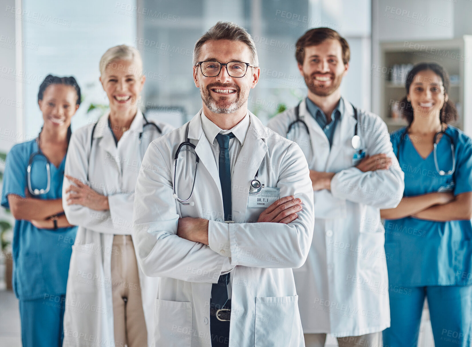 Buy stock photo Leadership, teamwork and portrait doctors and nurses in hospital with support and success in healthcare. Health, help and medicine, confident senior doctor and happy medical employees smile together.