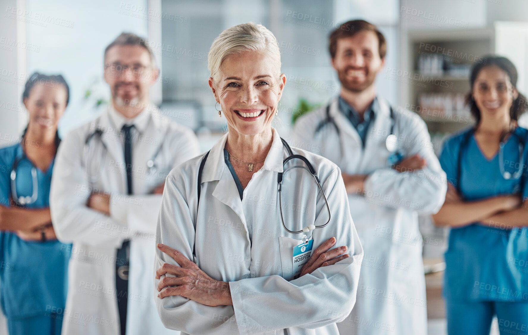 Buy stock photo Healthcare, leadership and team portrait of woman doctor and nurses in hospital with support and success in teamwork. Health, help and medicine, confident doctors and medical employees smile together