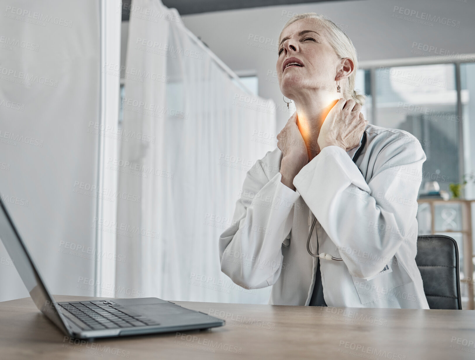 Buy stock photo Injury, burnout and a doctor with neck pain, inflammation and stress from healthcare work. Anxiety, problem and tired mature medical professional with a painful body, stressed and tense from career