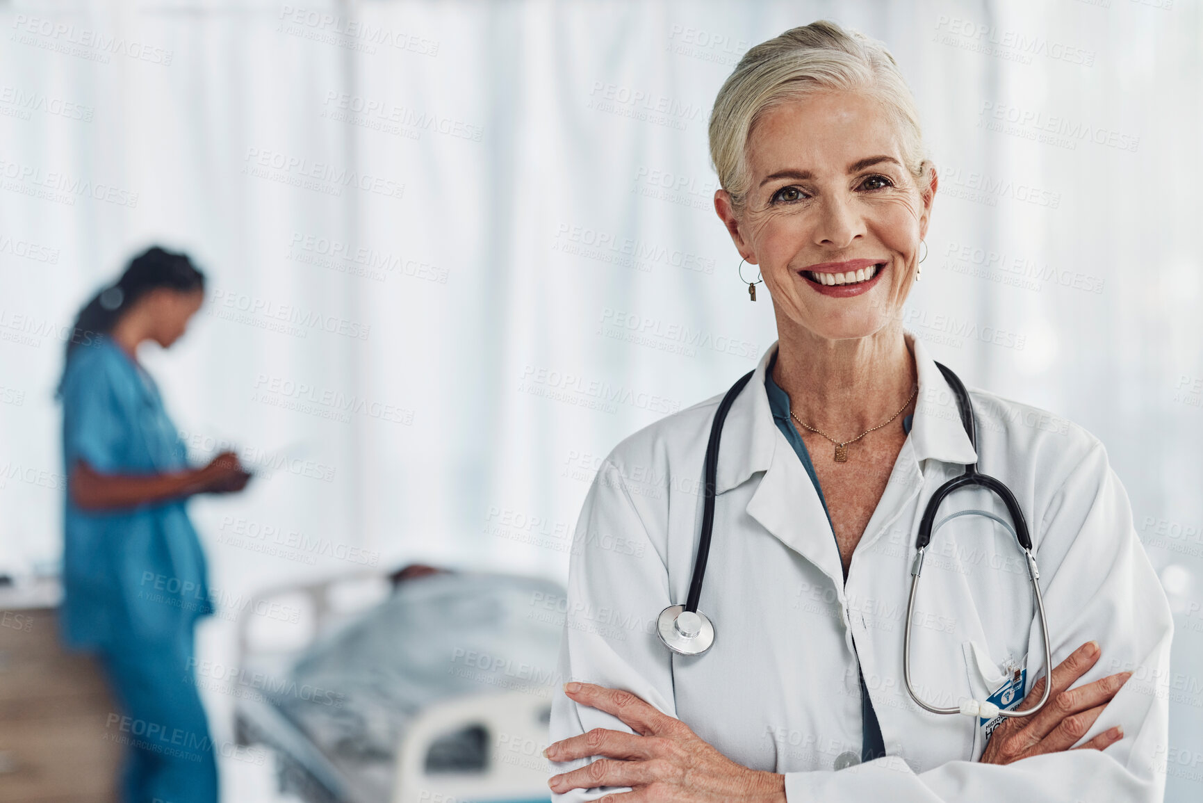 Buy stock photo Leadership, smile and portrait of senior woman doctor in hospital with confidence and success in medical work. Health, medicine and face of confident mature professional with stethoscope and mockup.