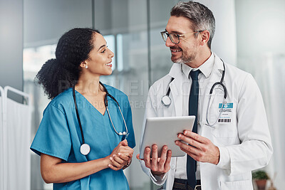 Buy stock photo Tablet, collaboration and team of doctors in a hospital analyzing results or diagnosis of patient. Teamwork, medical and healthcare workers in discussion and research on mobile device in a clinic.